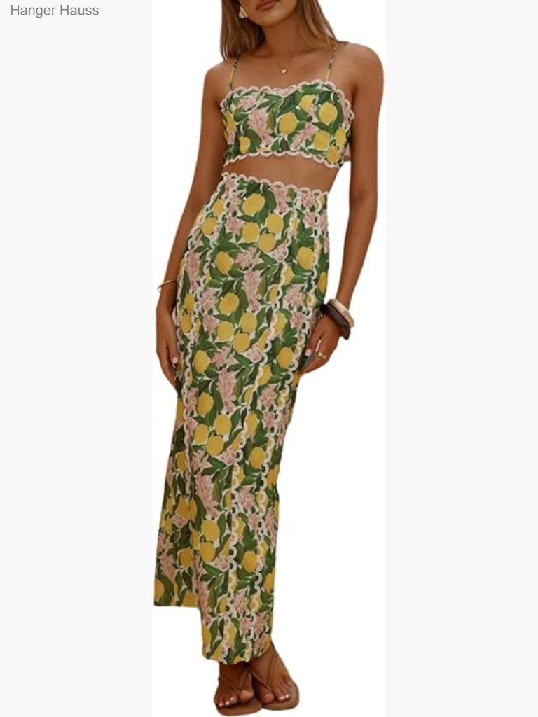 2 Piece Skirt Set Floral Print Backless Cami High Waisted Maxi Slit Skirt